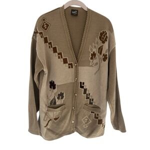 Vintage 50s 60s Womens Tan Cardigan Size L Long Sleeves Geometric Floral Grandpa